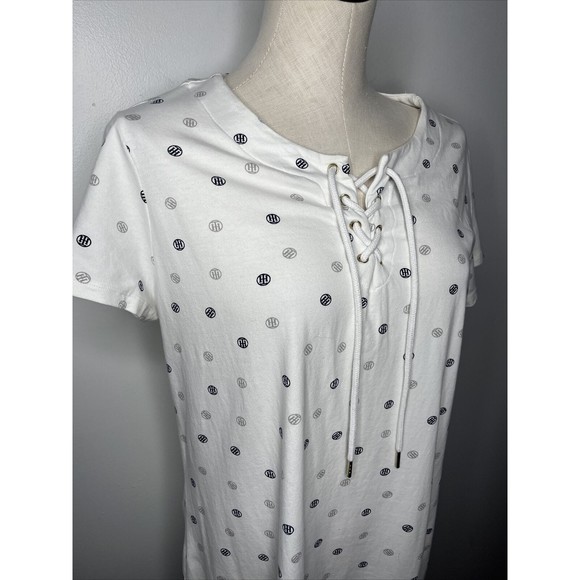 Tommy Hilfiger Mini Dress Lace Up White Logo Stretch Short Sleeve Petite Size XL - Picture 3 of 11